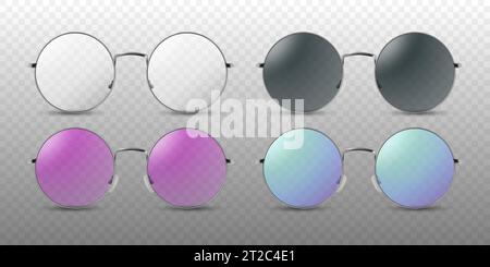 Vecteur réaliste incolore, noir, rose et violet cadre rond lunettes ensemble de cadre en gros plan isolé. Lunettes de soleil transparentes pour femmes et hommes. Optique Illustration de Vecteur