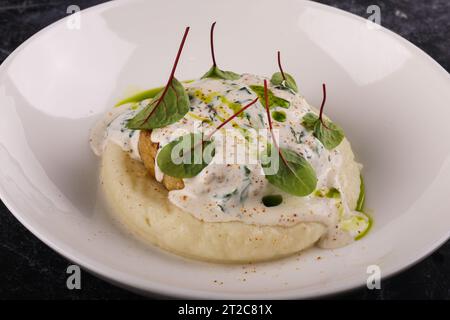 Une portion de galettes de bœuf russes avec purée de pommes de terre et herbes sur un fond sombre Banque D'Images