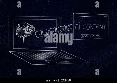 Illustration conceptuelle d'intelligence artificielle et d'apprentissage profond, ordinateur portable avec message pop-up de contenu d'IA et cerveau de puce électronique à l'écran Banque D'Images