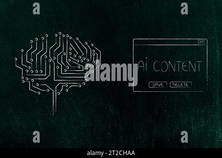 Illustration conceptuelle de l'intelligence artificielle et de l'apprentissage profond, message pop-up de contenu d'IA et cerveau de puce électronique Banque D'Images