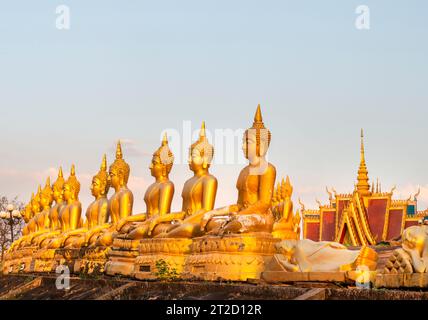 Rangées de belles, miniatures, sculptures d'or vibrantes de Bouddha, illuminées par le soleil couchant, alignées au sommet d'un mur en pente, à côté du temple, Banque D'Images