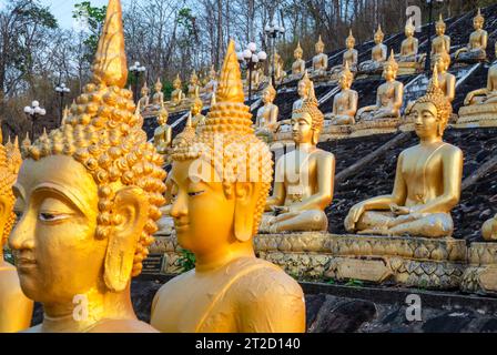 Rangées de belles, miniatures, sculptures d'or vibrantes de Bouddha, illuminées par le soleil couchant, alignées au sommet d'un mur en pente, à côté du temple, Banque D'Images