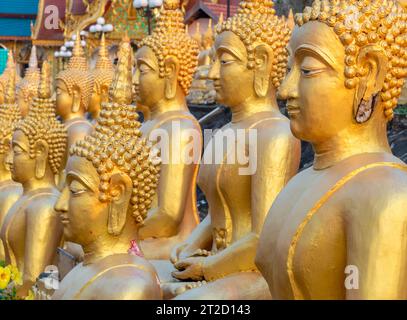 Rangées de belles, miniatures, sculptures d'or vibrantes de Bouddha, illuminées par le soleil couchant, alignées au sommet d'un mur en pente, à côté du temple, Banque D'Images