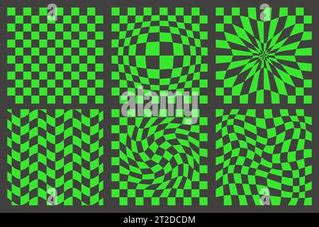 Motif en damier. Fond ondulé psychédélique noir et vert. Texture de gauchissement de grille abstraite. Échiquier Y2K conception géométrique rave. Vecteur Illustration de Vecteur