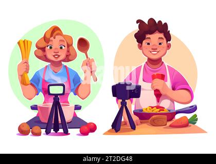 Ensemble de blogueurs de nourriture cuisinant sur la caméra isolé sur fond blanc. Illustration de dessin animé vectoriel de personnages féminins et masculins enregistrant des cours de cuisine vidéo, filmant du contenu vlog, livestream de la cuisine Illustration de Vecteur