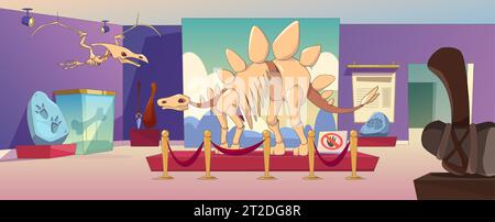 Intérieur de la salle du musée archéologique historique - exposition de dessins animés des temps préhistoriques avec des squelettes de dinosaures, des empreintes de pas d'animaux anciens et des ammonites dans les roches, des outils en pierre des hommes des cavernes. Illustration de Vecteur