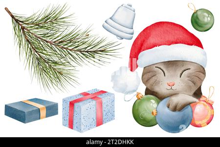 Un ensemble d'éléments aquarelle du nouvel an. Comprend un chat dans un chapeau de Père Noël avec des boules de Noël et diverses boîtes-cadeaux, élégamment attaché avec des rubans. Parfait Banque D'Images