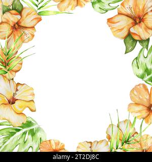 cadre avec fleur d'hibiscus orange vif et feuilles tropicales. illustration à l'aquarelle. pour la conception de sites web, cosmétiques, produits d'hygiène Banque D'Images