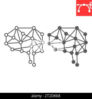 Icône de ligne de réseau neuronal et de glyphe, technologie et intelligence artificielle, icône vectorielle de concept de cerveau ai, graphiques vectoriels, SIG de contour de trait éditable Illustration de Vecteur