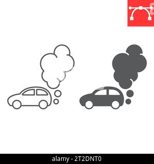 Ligne de pollution de voiture et icône de glyphe, changement climatique et écologie, icône vectorielle d'émission de gaz d'échappement de voiture, graphiques vectoriels, signe de contour de trait modifiable, Illustration de Vecteur