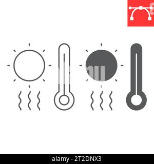 Ligne de temps chaud et icône de glyphe, changement climatique et soleil avec thermomètre, icône de vecteur de vague de chaleur, graphiques vectoriels, signe de contour de trait modifiable, eps 10 Illustration de Vecteur