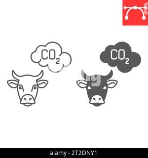 Émission de méthane de la ligne de vache et icône de glyphe, changement climatique et écologie, icône vectorielle de vache ch4, graphiques vectoriels, signe de contour de trait modifiable, eps 10. Illustration de Vecteur