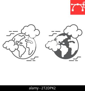 Icône de ligne de pollution mondiale et de glyphe, changement climatique et écologie, icône de vecteur de co2 terrestre, graphiques vectoriels, signe de contour de trait modifiable, eps 10. Illustration de Vecteur