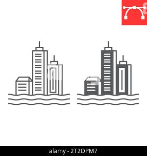 Ligne d'inondation de la ville et icône de glyphe, changement climatique et écologie, icône de vecteur de catastrophe de l'eau, graphiques vectoriels, signe de contour de trait modifiable, eps 10. Illustration de Vecteur