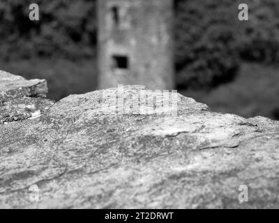 Ancienne pierre sur le fond de la tour antique, château de Blarney en Irlande, ancienne forteresse celtique Banque D'Images