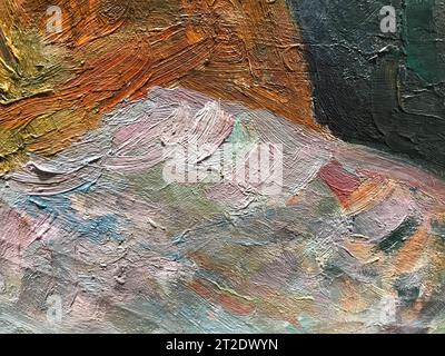 des traits de peinture éclatants. traits acryliques. texture de peinture bleue avec une touche de couleurs pastel. texture abstraite. traits de pinceau pointés. couche de peinture sur c Banque D'Images