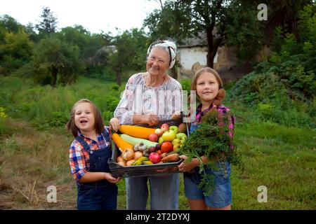 Grand-mère dans le jardin avec un enfant et une récolte de légumes. Mise au point sélective. Nourriture. Banque D'Images