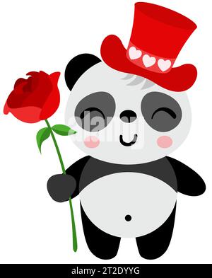 Panda Valentine avec chapeau rouge tenant une rose rouge Banque D'Images