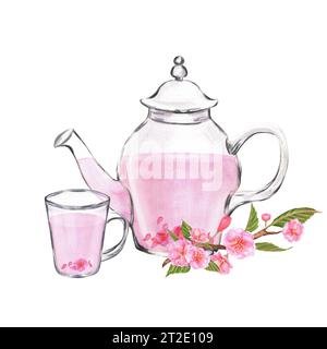 Illustration à l'aquarelle dessinée à la main. Théière en verre et une tasse avec thé sakura et branche sakura près de lui Banque D'Images