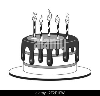 Gâteau d'anniversaire illuminé bougies noir et blanc objet de dessin animé 2D. Illustration de Vecteur