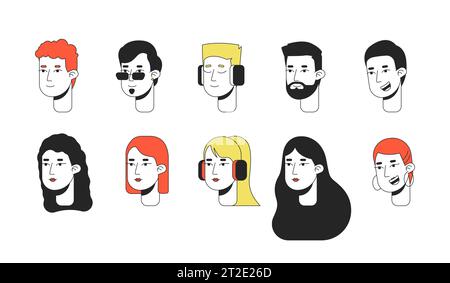 Jeu de visages de personnages de dessins animés linéaires 2D millénaires caucasiens Illustration de Vecteur