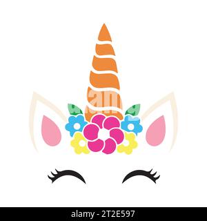 Logo licorne avec corne, oreilles et fleurs. Idéal pour badge, carte, voeux, fête d'anniversaire de bébé, t-shirt, bannière, modèle d'invitation. Isolé sur whit Illustration de Vecteur