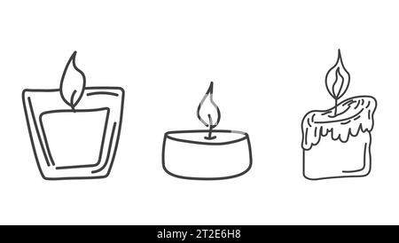 Ensemble de bougies dessinées à la main. Doodle Candles. Bougies aromatiques brûlantes dans des pots en verre doodle Illustration de Vecteur