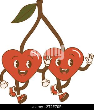 Drôle de couple de cerises en forme de coeurs dans un style rétro. Bonne Saint Valentin. Aimer illustration dans la conception plate. Deux baies heureuses des années 70 en forme de h. Illustration de Vecteur