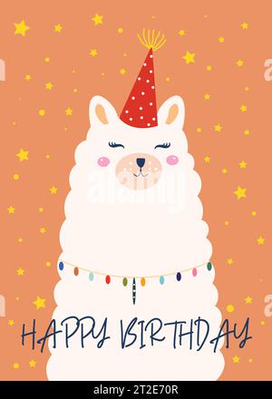 Joyeux anniversaire carte de voeux avec tête mignonne de lama.modèle pour la conception de pépinière, affiche, carte d'anniversaire, invitation, douche de bébé et décor de fête.Vector i Illustration de Vecteur