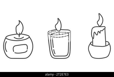 Ensemble de bougies dessinées à la main. Doodle Candles. Bougies aromatiques brûlantes dans des pots en verre doodle Illustration de Vecteur