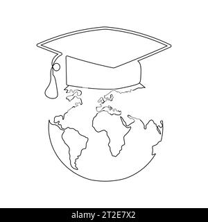 Un dessin en ligne continue du globe terrestre avec graduation Hat.World map dessin en ligne doodle. Concept graphique dessiné à la main pour l'éducation. Isolé sur wh Illustration de Vecteur