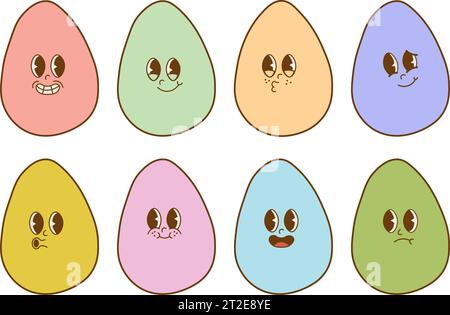 Mettez en place des autocollants tendance aux œufs de Pâques groovy. Joyeux jour de Pâques. Personnage funky Happy Egg dans un style rétro tendance des années 60 70. Illustration vectorielle Illustration de Vecteur