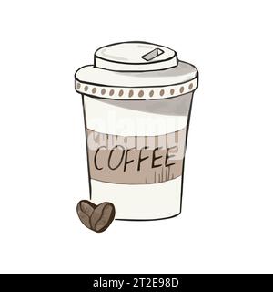 Icône de tasse à café jetable d'illustration vectorielle avec des grains de café sur fond blanc. Logo de tasse à café Illustration de Vecteur