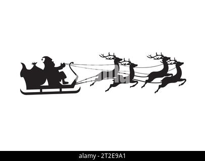 Silhouette du Père Noël vole en traîneau plein de cadeaux avec des rennes de Noël. Célébrations du nouvel an et de Noël. Illustration vectorielle. Illustration de Vecteur