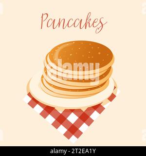 Pile savoureuse de crêpes, cuisine traditionnelle du matin sur une assiette en porcelaine. Délicieux repas du matin café petit déjeuner. Repas sucré, dessert maison.Vector illustrati Illustration de Vecteur