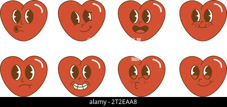 Stickers Groovy Lovely coeurs tendance. Rétro Valentines Day.Love concept. Personnage funky Happy Heart dans un style rétro tendance des années 60 et 70. Illustration vectorielle Illustration de Vecteur