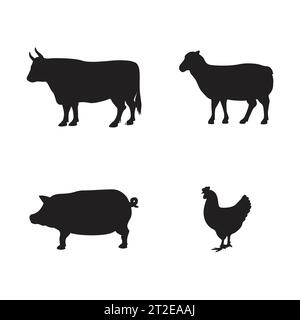 Silhouette de Farm Animals.Silhouette logo d'icône noire isolée sur fond blanc.Illustration vectorielle Illustration de Vecteur