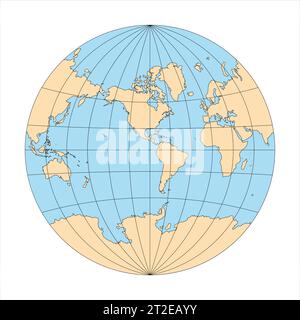 Carte du monde simplifiée dans le cercle axé sur les Amériques. Grille de latitude et de longitude. Projection de Van der Grinten. Illustration vectorielle Illustration de Vecteur