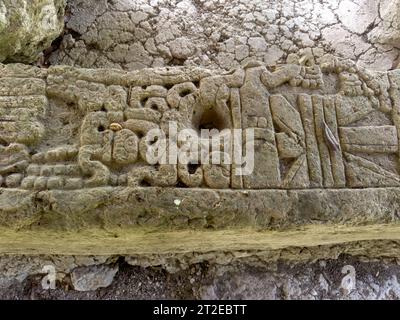 Partie d'une stèle en pierre sculptée cassée sur la Plaza A des ruines mayas dans le parc national de Yaxha-Nakun-Naranjo, Guatemala. Banque D'Images