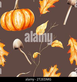 Aquarelle citrouille halloween, branche d'automne avec feuillage, toadstools isolés. Pour les designers, décoration, magasin, pour les cartes postales, papier d'emballage, couvercles Banque D'Images