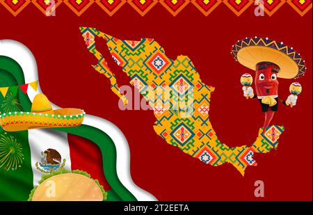 Bannière du jour de l'indépendance du Mexique avec drapeau mexicain, carte et personnage de poivre, vagues coupées en papier vectoriel. Fête nationale mexicaine fête avec Chili en sombrero avec maracas et Taco en papier coupé Illustration de Vecteur