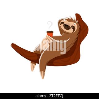 Personnage de paresseux relaxant de dessin animé profite d'une sieste tranquille sur une branche, tasse de café à la main. Vecteur isolé personnage animal tropical serein et décontracté capturant l'essence des loisirs et du confort Illustration de Vecteur