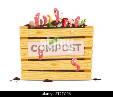 Boîte en bois de compost avec des vers de terre de dessin animé drôles, des déchets et du sol. Vermicompostage, processus écologique de compostage de l'humus. Des vers de terre vecteurs isolés sortent de la pile de déchets organiques dans la caisse Illustration de Vecteur