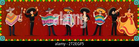 Personnages mexicains de dessin animé sur le carnaval de vacances, musiciens mariachi, cow-boys et danseuse de femme, personnages vectoriels. Personnages mexicains en vêtements traditionnels, sombrero et poncho avec guitares et maracas Illustration de Vecteur