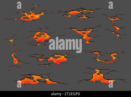 Lave volcanique, fissures au sol du feu de magma. Ensemble de vecteurs de dessin animé de fissures de tremblement de terre, vue de dessus de texture de destruction de terre. Coulées de lave en fusion, rivières enflammées créant un phénomène naturel destructeur dramatique Illustration de Vecteur