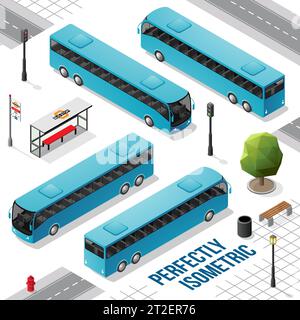 Bleu long bus isométrique de l'avant arrière droite et gauche isolé sur blanc Illustration de Vecteur