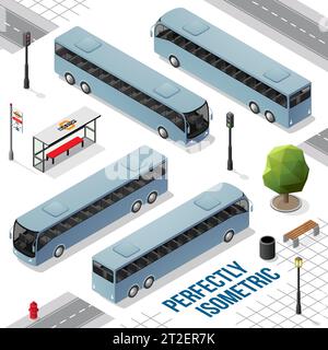 Bleu gris long bus isométrique de l'avant arrière droite et gauche isolé sur blanc Illustration de Vecteur