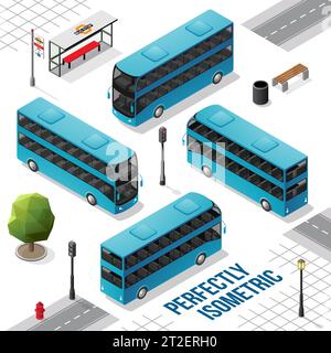 Bleu et noir Double Decker bus isométrique de l'avant arrière droite et gauche isolé sur blanc Illustration de Vecteur