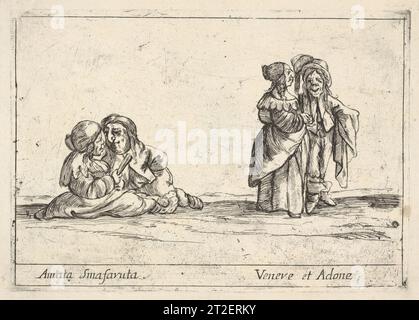 Personnages Callot ; deux amoureux nains assis à gauche, la femme tenant un éventail, une vieille femme naine, de profil vers la droite, debout avec un homme nain aux cheveux longs à droite, de six grotesques (six pièces de figures grotesques) Agostino Mitelli II Italien d'après François Collignon Français d'après Stefano della Bella Italien 1684 Banque D'Images