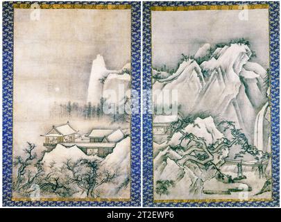 Pavillons dans un paysage de montagne, parchemin suspendu japonais du 16e siècle à l'encre et couleur sur papier, vers 1550 Banque D'Images